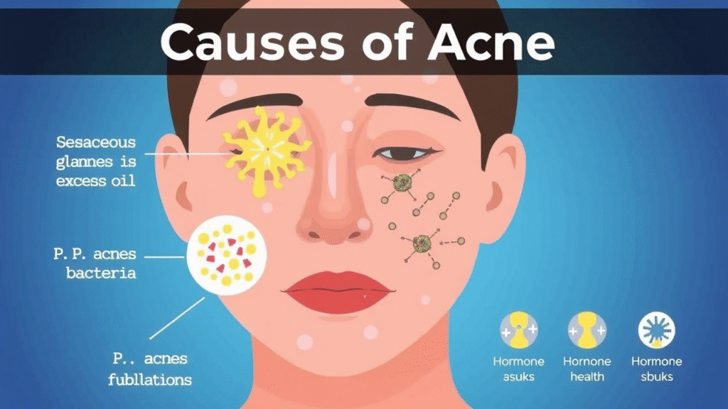 Causes of acne illustrated with oil, bacteria, and hormones