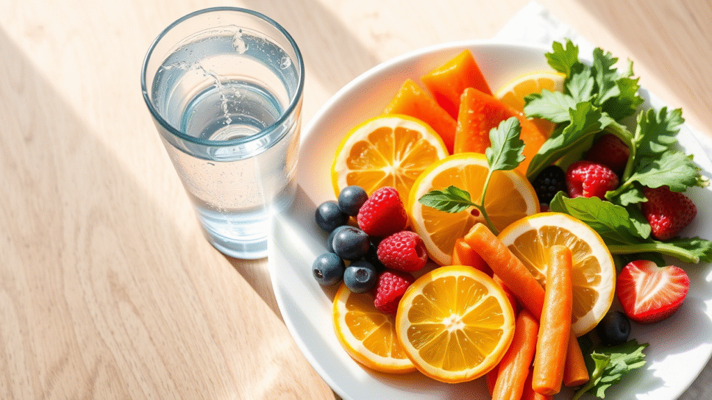 Healthy diet with fruits, vegetables, and water for acne-free skin